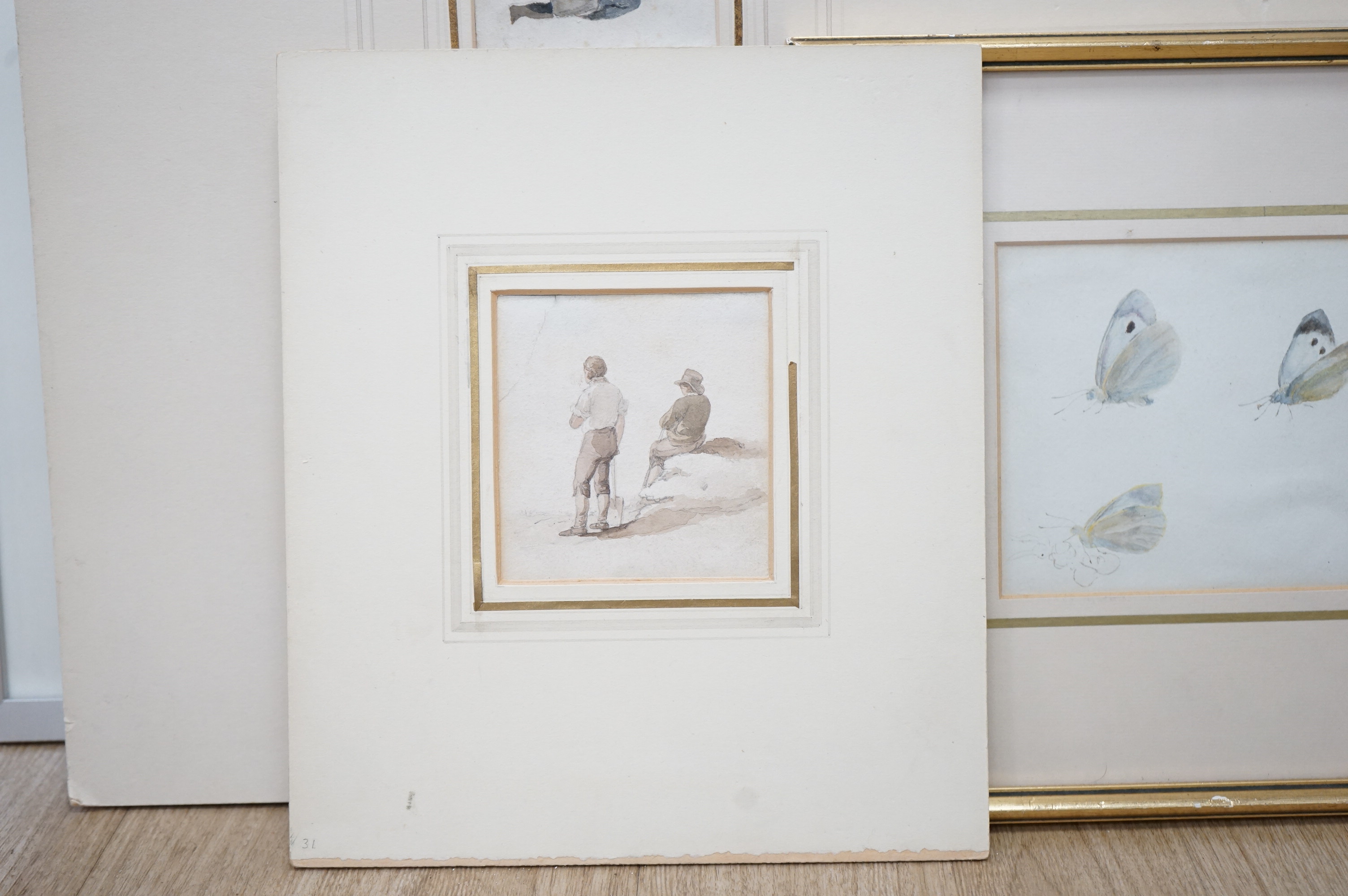 Manner of Helen Allingham (1848-1926), five miniature watercolours, comprising Studies of figures and large white butterflies, three mounted as one, one with details verso, largest 12 x 12cm, one framed